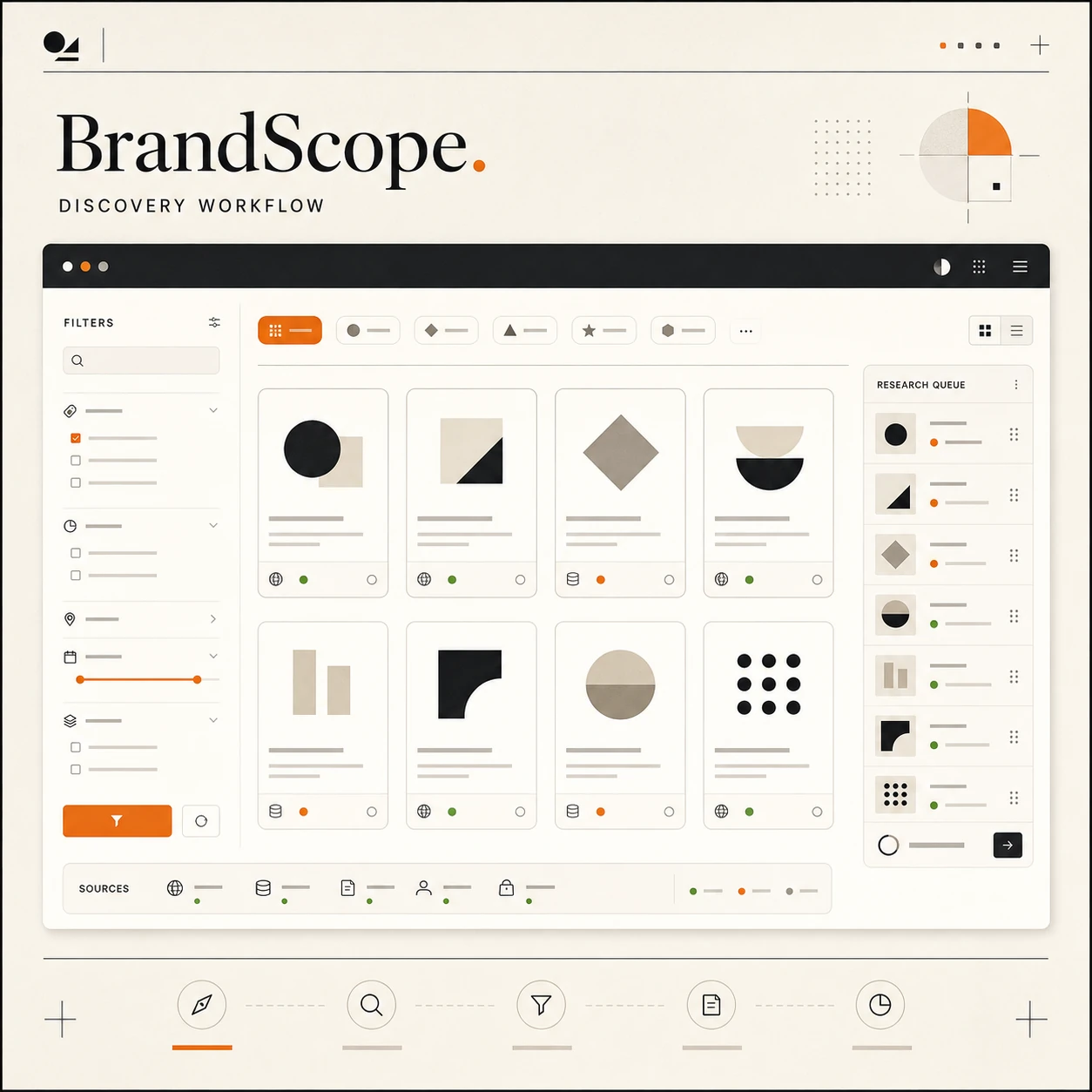 BrandScope discovery workflow with filters and research queue