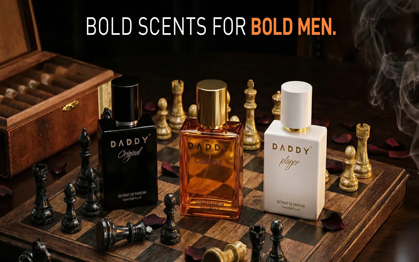Daddy Official perfume storefront hero section with bold product photography