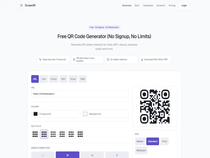ScopeQR free QR code generator homepage with QR preview and customization controls