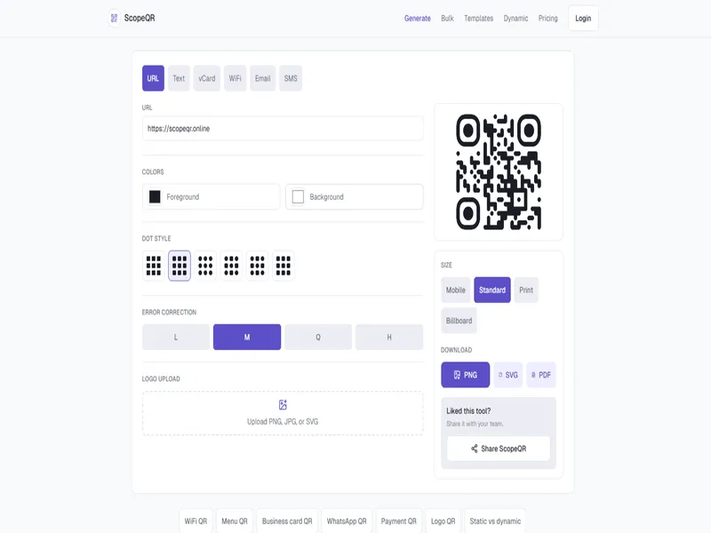 ScopeQR generator controls with URL input, QR preview, size options, and PNG SVG PDF downloads