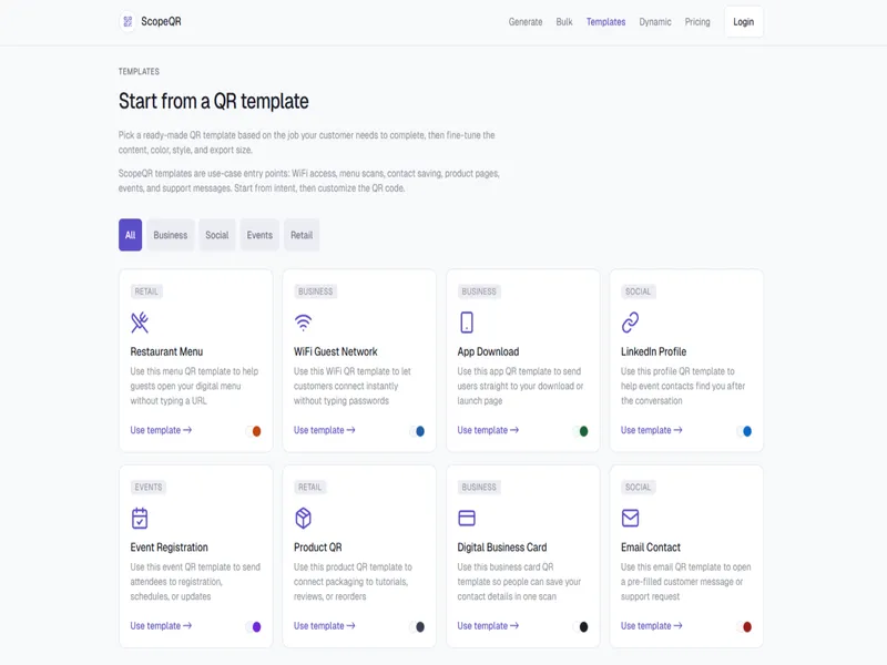 ScopeQR template library for menu, WiFi, app download, product, event, and contact QR codes